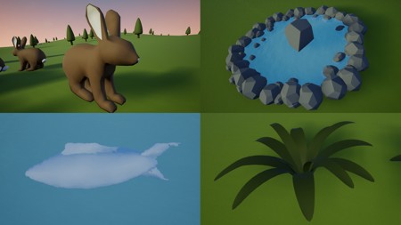 The four types of resources: rabbit, water, fish and fern.