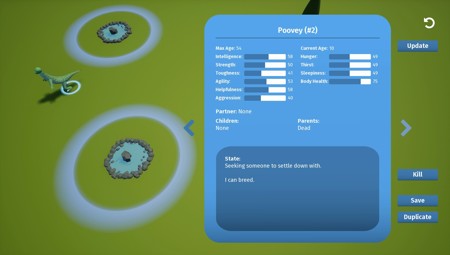 Info screen of a creature, with characteristics and current state information.