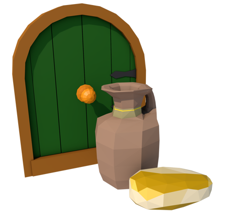 A couple of props: a door, a water pitcher and a sunstone.