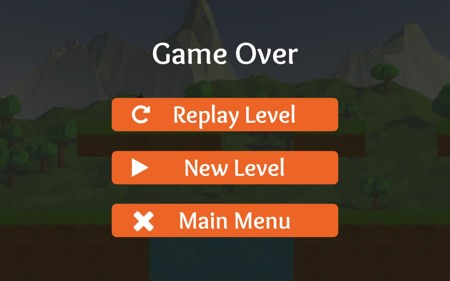 Game over screen with replay and quit buttons. You can replay the same level or let the game generate a new one.