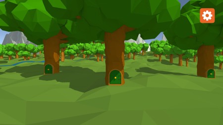 Main menu with trees and mountains. Trees in front have doors to enter a certain level.