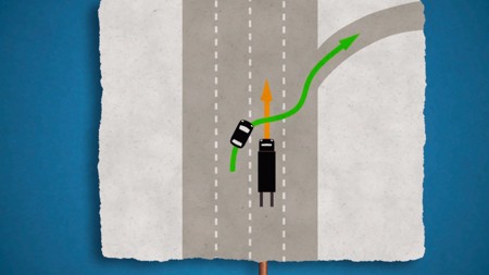 A car wants to enter the city and has to perform a dangerous manoeuvre which causes an accident.