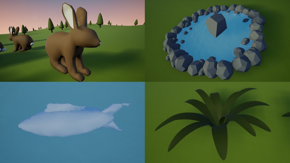 The four types of resources: rabbit, water, fish and fern.