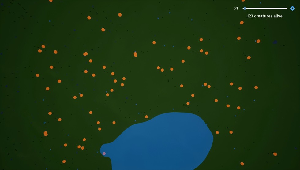 Top view of landscape and creatures (represented as orange dots).