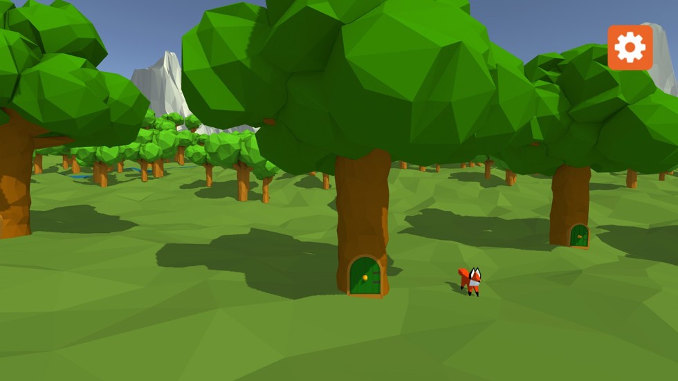 Main menu with trees and mountains. Trees in front have doors to enter a certain level. Fox stands idle by a tree.